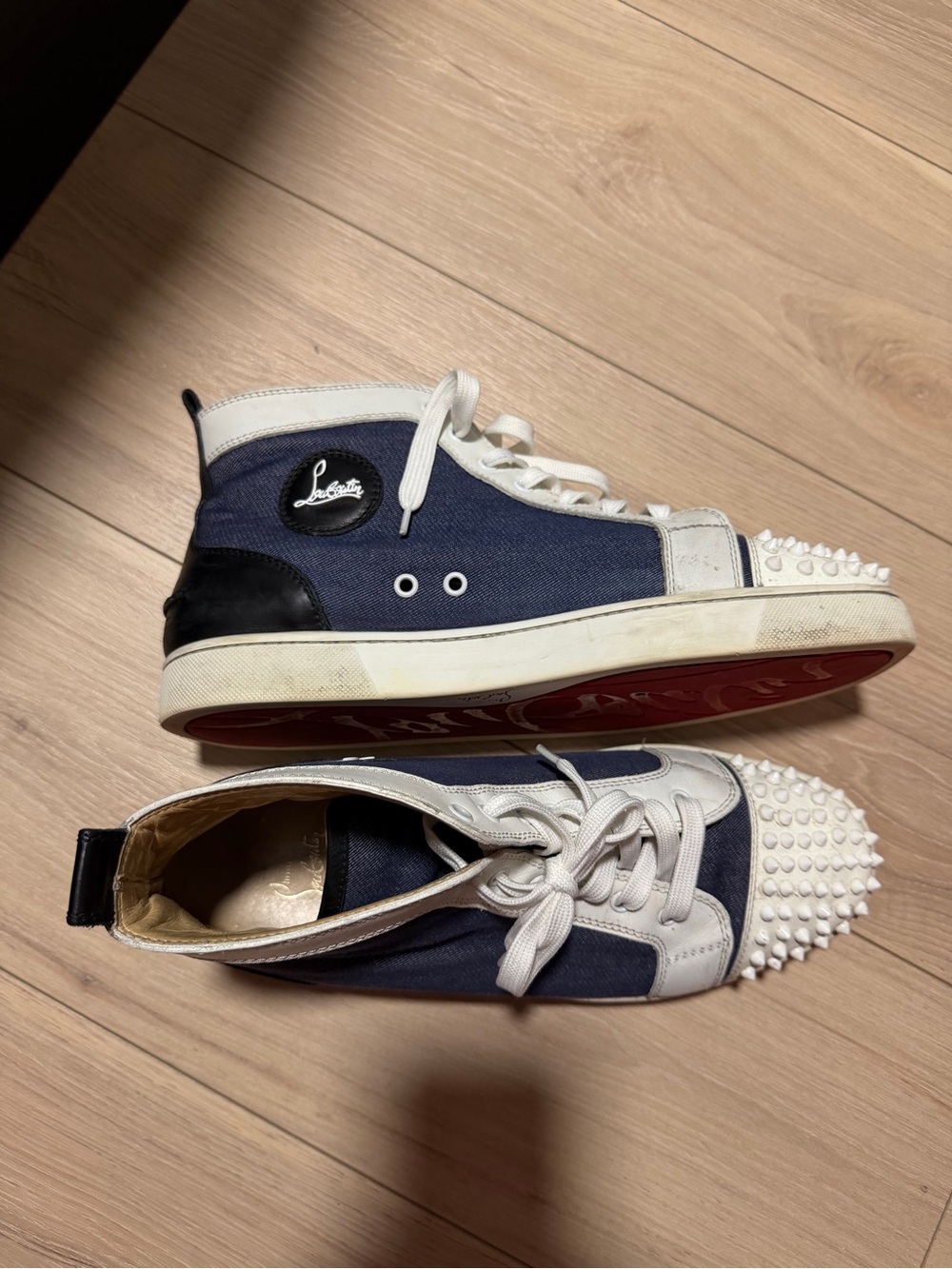 Christian Louboutin Navy and White Kids Spiked High-Top Sneakers